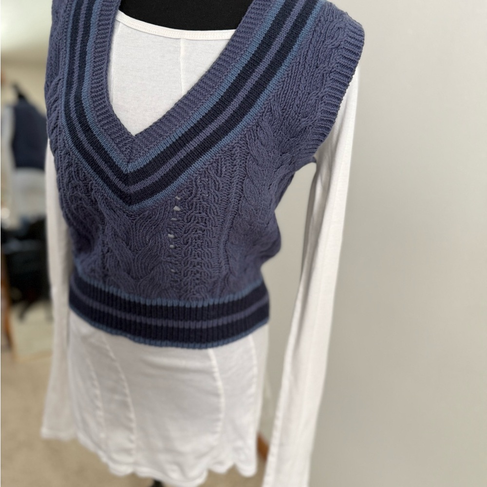 rag & bone Cable Knit Sweater Vest | Blue Contrast | XS | Preppy Academia - Picture 5 of 16